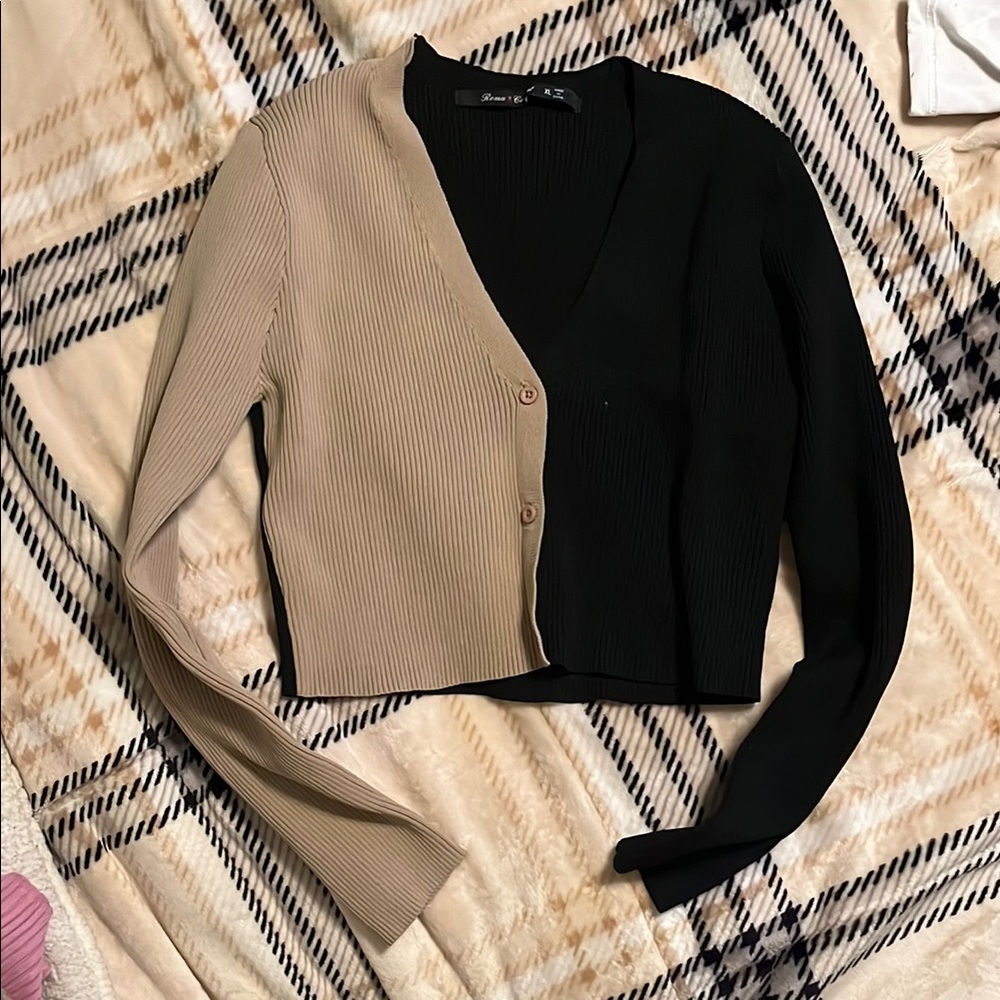 Two-Tone Beige and Black Cardigan Sweater